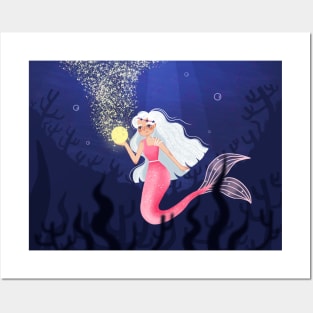 Cute Mermaid with Magical Ball Under The Sea Posters and Art